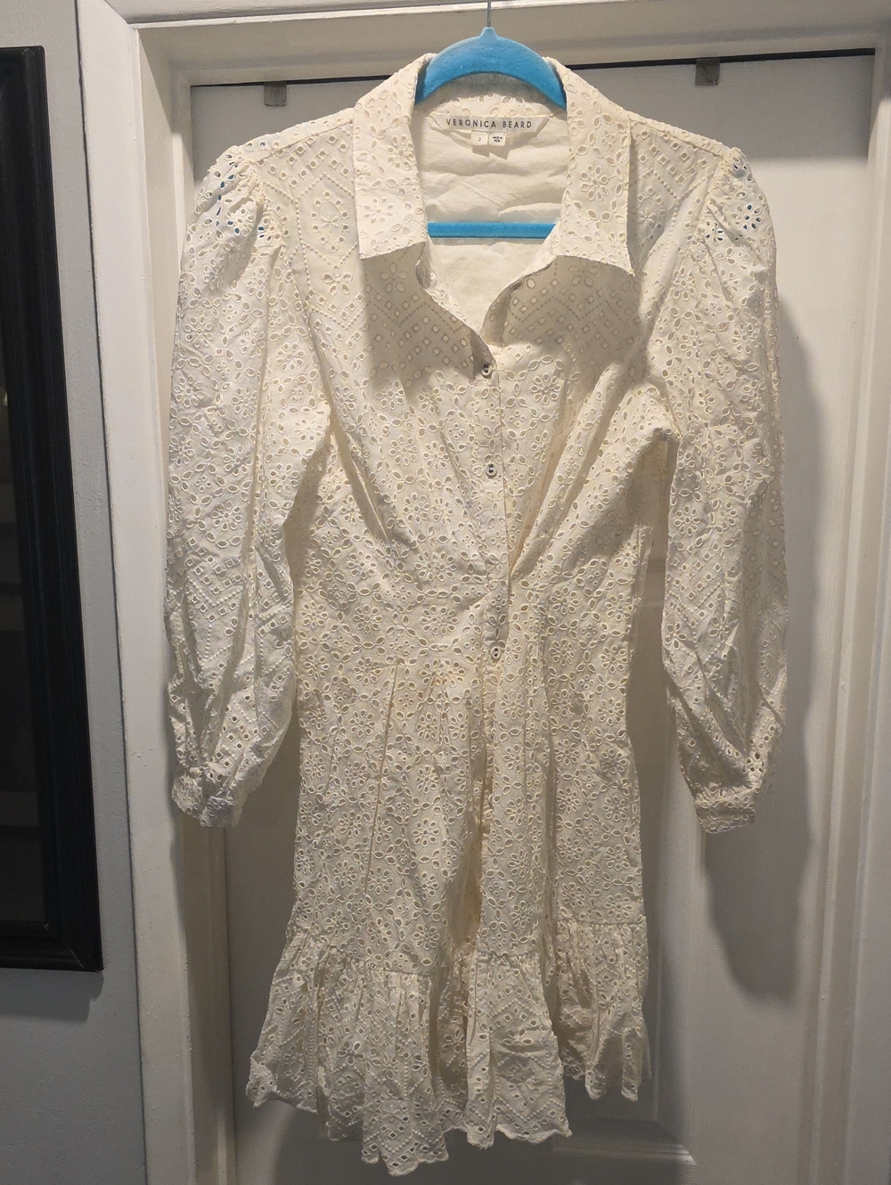 Veronica Beard Cream Eyelet Mini Dress with Puff Sleeves